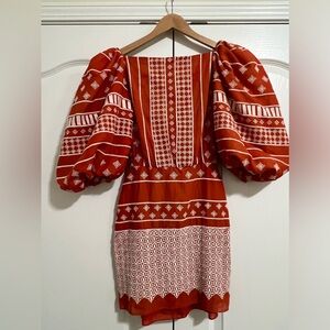 Johanna Ortiz Orange Himilayas Embroidered Puff-Sleeve Dress